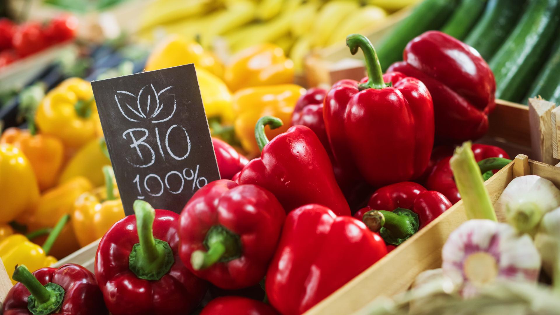 100% Bio Sign on a Food Stall with Fresh Red and Yellow Organic Sweet Bell Peppers from a Local Farm. Outdoors Farmers Market with Organic Fruits and Vegetables Without GMO Additives